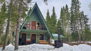 Chalet de forme triangulaire entouré de conifères au mois d'avril.