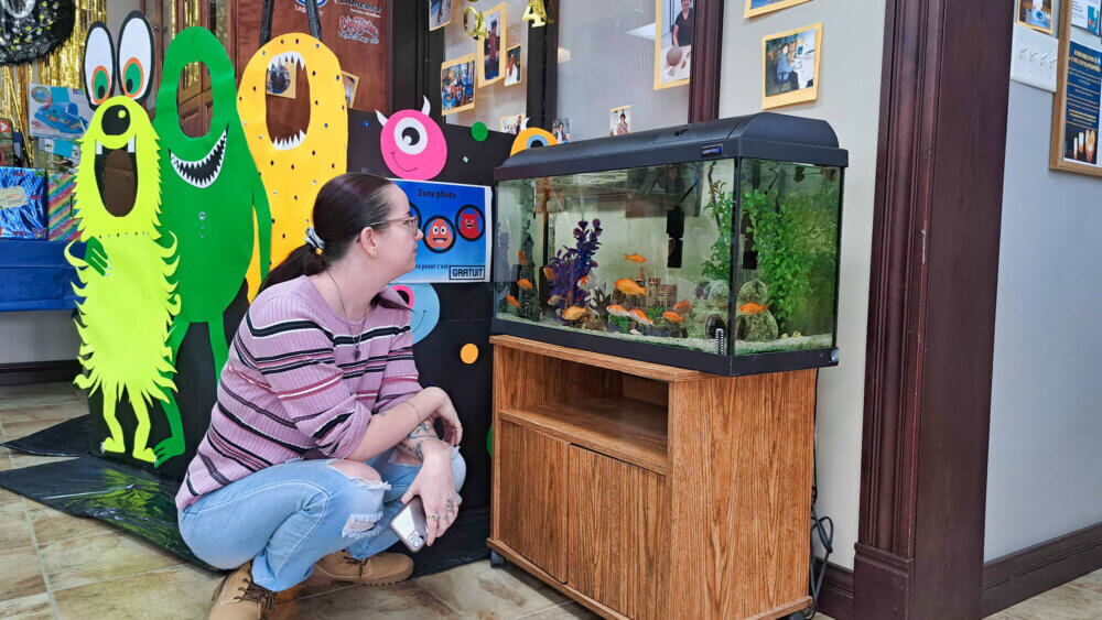 Une femme accroupie et regarde de près un aquarium dans une bibliothèque.