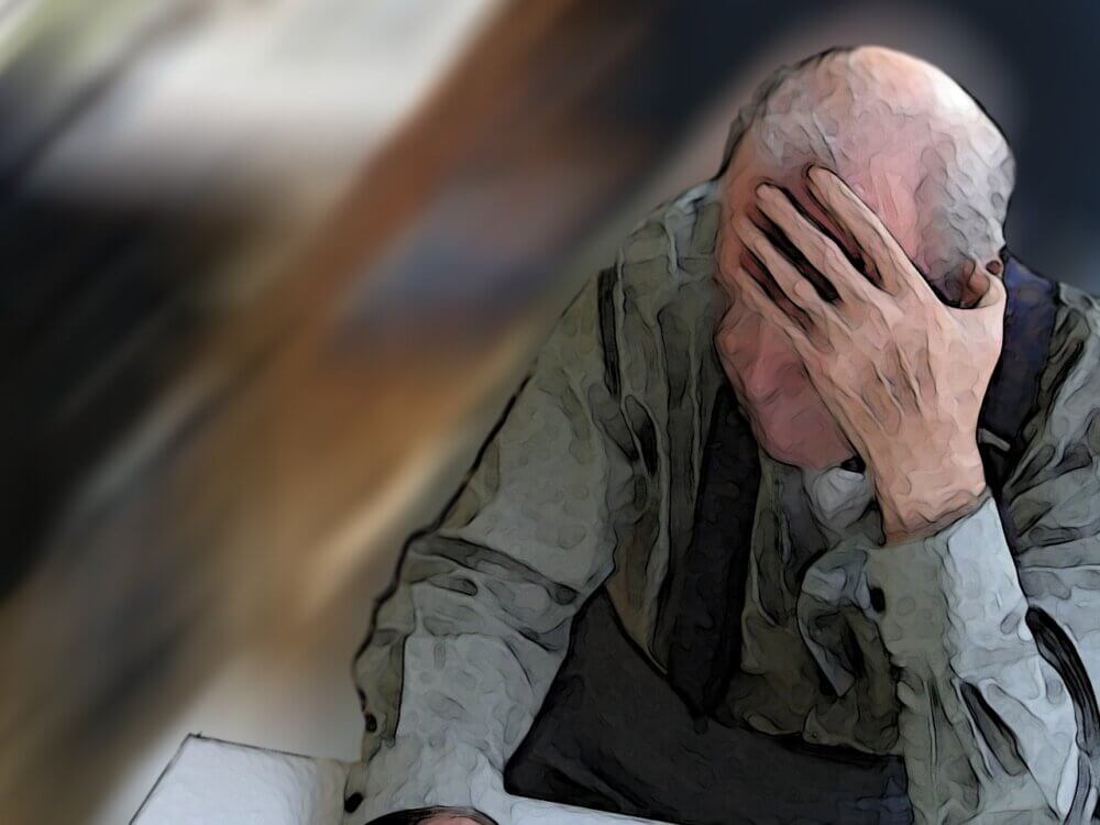 Dessin d'un vieux monsieur se tenant la tête avec sa même gauche, pour symboliser la maladie de l'Alzheimer.